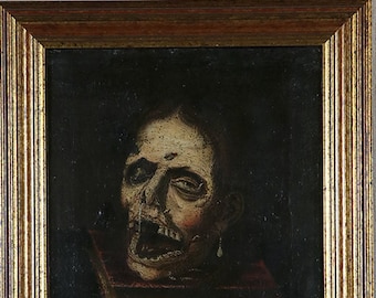 Antique 18th century vanitas oil painting memento mori skull still life canvas panel gilt wood frame horror goth gothic monster zombie mummy
