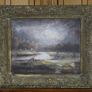 Antique landscape oil painting on canvas, haunting moody stormy dark sky 1800s tree forrest lake cloudy, ornate gilt wood frame 19th century