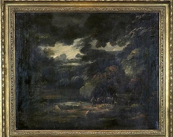 John Joseph Barker antique oil painting canvas forrest landscape 1800 romantic ornate gilt frame gilded large big British trees dramatic sky