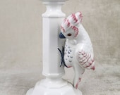 Old porcelain candlestick, white bird candle holder, cockatoo macaw parrot, ceramic, tall, chamberstick, candelabra