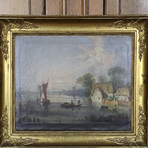 Antique oil painting canvas marine ocean seascape fisherman water landscape 1800 ornate frame carved gold gilt gilded 19th century C