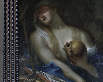Antique oil painting Repentant Mary Magdalene vanitas skull 18th century religious Christian Iconography Jesus Christ canvas panel frame