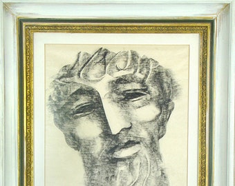 Antique portrait drawing, classical study head man, charcoal, modernism, neoclassical, painted gilt gilded wood frame, white gold