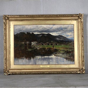 Antique landscape oil painting William E Harris, canvas, 1800s moors moorland moorish tree forrest lake cloudy sky people, ornate gilt frame