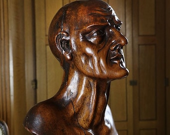 Antique bust, carved wood man sculpture 18th 17th century classical male figure, not painting bronze marble stone, large museum quality