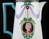 1800s antique pitcher, chocolate pot, tea coffee teapot, hand painted portrait miniature 18th 19th century, white blue handle pewter lid