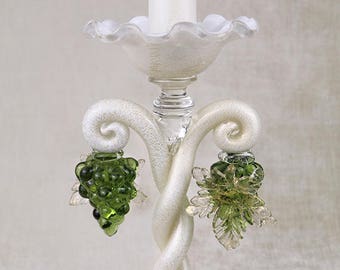 Oude Venetiaanse glazen kandelaar, Murano aventurijn kandelaar, art deco glazen kaarsenhouder als tafeldecoratie, heldergroen goud metallic wit
