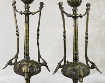 Antique pair candlesticks, two bronze brass candle stick holders, tall figural gothic, Art Nouveau Victorian wolf animal head dog