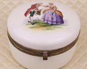 Antique hand painted porcelain jewelry casket, dresser trinket box, vanity jar, enamel, hinged lid, courting couple rococo, victorian