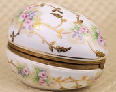 Porcelain egg box, jewelry ring dresser trinket casket, vintage hand gilded gilt, bronze brass hinged lid, enamel flowers floral roses
