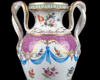 Dresden porcelain snake serpent handled vase urn, antique 19th century, hand painted floral garland swags