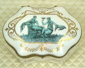 Antique French hand painted porcelain bronze jewelry ring casket, hinged lid dresser trinket box, art deco, FBS France, gold gilded gilt