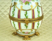 Limoges porcelain egg, jewelry ring casket dresser trinket box, French vintage hand painted, claw footed, ormolu mounted, enamel gilt gilded