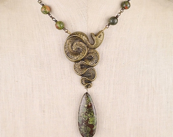 Antique snake necklace, serpent, jasper bronze metal, big pendant, Art Nouveau, Art Deco, Victorian, serpent devil Satan occult dragon