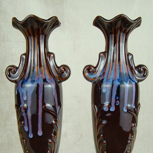 Pair of tall ceramic mantle vases, vintage art deco style, brown blue drip glaze, two 2, tall and thin, pottery porcelain