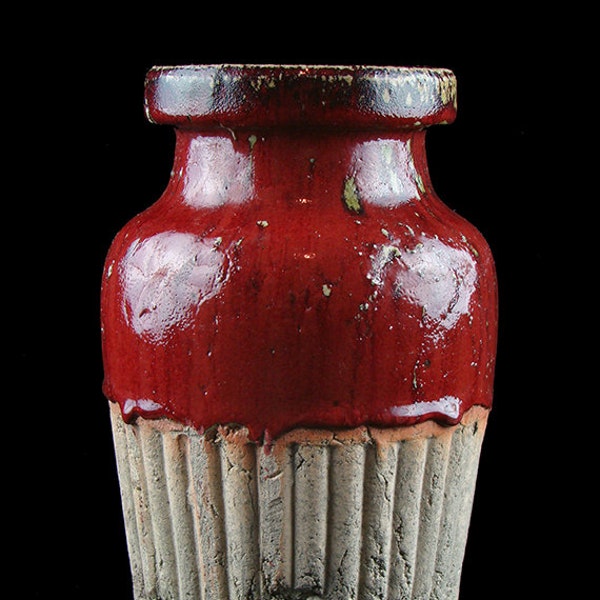 Antique 19th century thick stoneware crock, half glaze covering mouth & smooth upper half of otherwise vertically ribbed / fluted body, vase