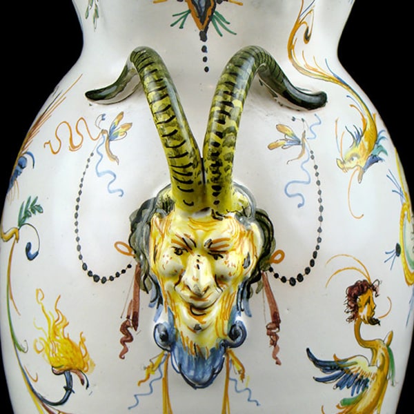 Devil horn handled ceramic vase, hand painted mythological grotesque style, Italian Italy, white, griffin gryphon Satan goat satyr urn