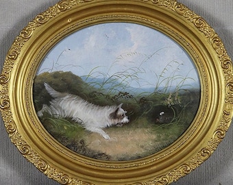 Antique dog portrait painting, hunting rabbit in landscape, oil on canvas, oval gilt carved wood frame, animal art, hound game bird round