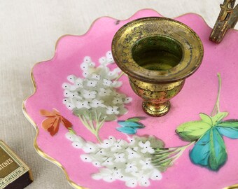 Victorian porcelain chamberstick, antique candle holder candlestick, gold gilt gilded, finger holder hole chamber, 1800s 19th century C