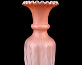 Old glass vase, cased satin glass, ruffled, antique Victorian artglass art bristol ombre cranberry red pink white, tall gord, ground pontil