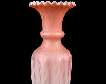 Old glass vase, cased satin glass, ruffled, antique Victorian artglass art bristol ombre cranberry red pink white, tall gord, ground pontil