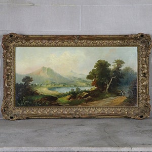 Antique landscape oil painting on canvas, English British village mountain marine lake water, carved wood frame, Signed William Webb, 1800s