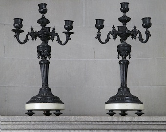 Pair antique candelabras, two gothic big tall ornate candle holders, bronze black metal alabaster