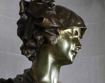 Big antique bronze bust gilt gilded woman portrait statue sculpture classical marble base large museum quality 1800s Duval, not painting