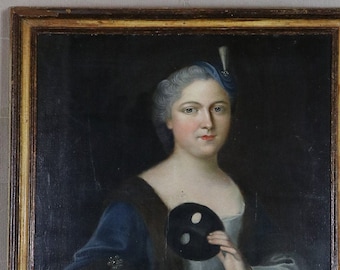 Large antique Georgian Regency oil portrait painting on board beautiful woman masquerade mask gilt wood frame 1700s 1800s 18 century 19 C