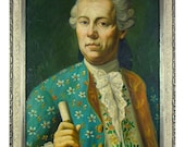 Antique oil on canvas portrait of 18th century nobleman. Painted silver-leaf carved wood frame, powdered wig, periwig