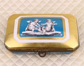 Sevres antique hand painted French porcelain jewelry box, dresser trinket casket, gold, gilt, bronze hinged lid, cherub putto, french France