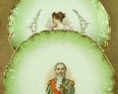 Pair of antique cabinet portrait plates, hand-decorated porcelain, 18th or 19th century man and woman with gilded details two, 2, green