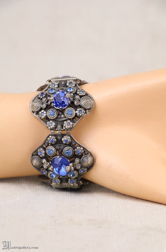Antique art deco bracelet, sapphire blue faceted … - image 3