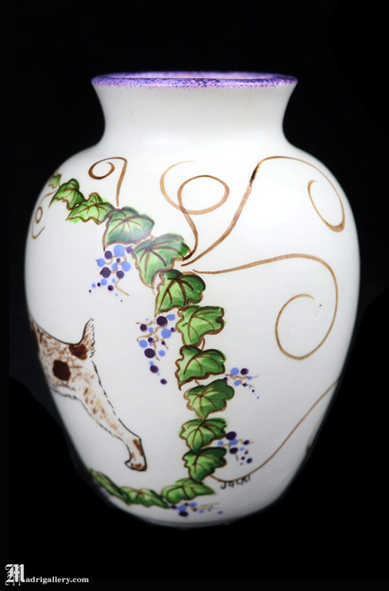 Hand Painted Ceramic Vase, Dog With Berries & Leaves, Country Decor