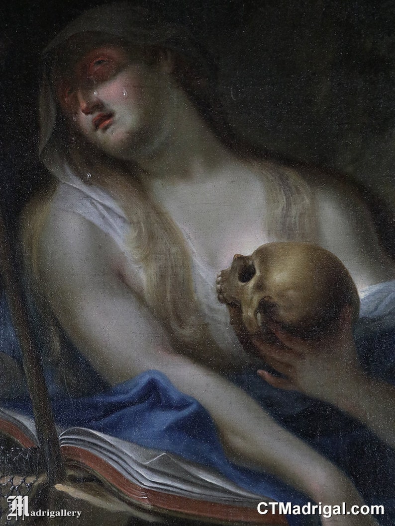 Antique oil painting Repentant Mary Magdalene vanitas skull 18th century religious Christian Iconography Jesus Christ canvas panel frame image 4