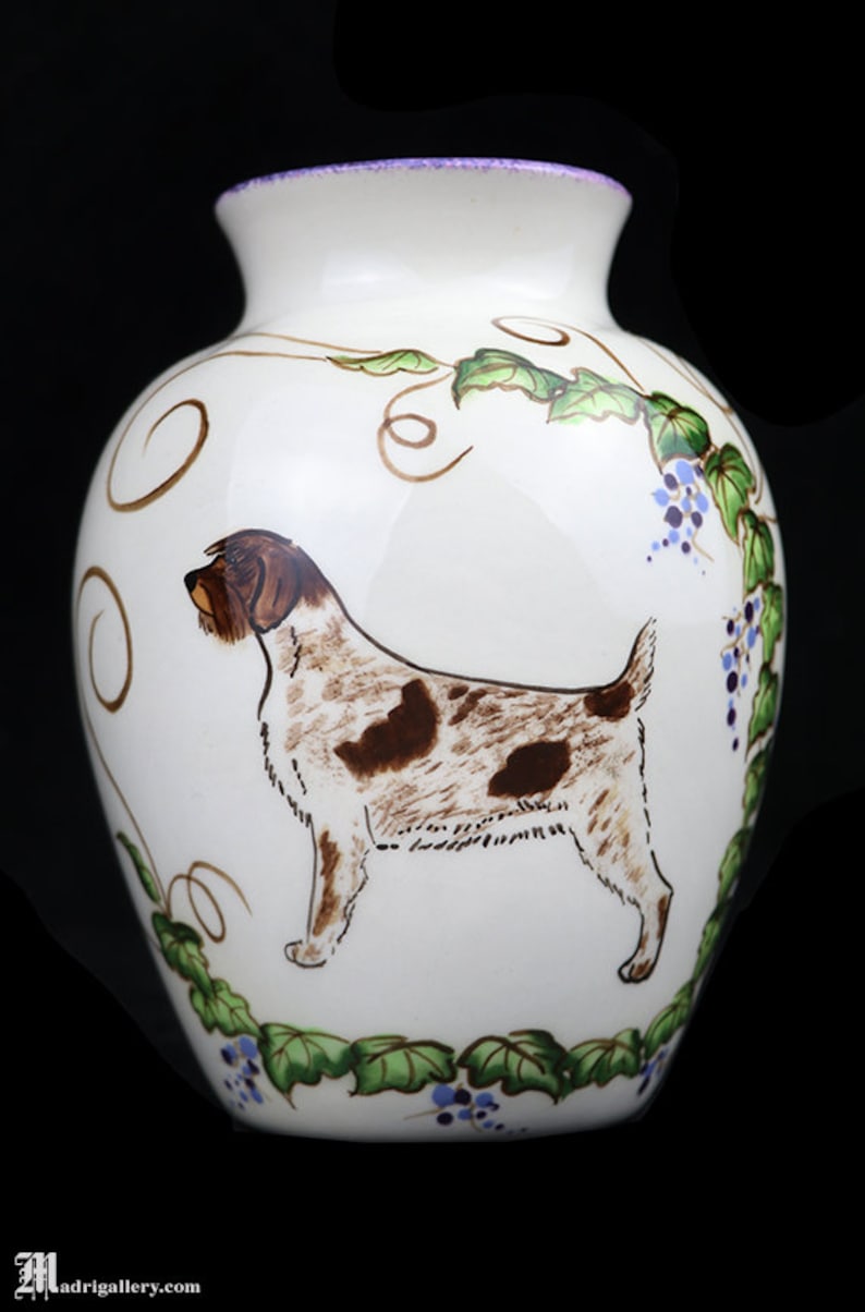 Hand Painted Ceramic Vase, Dog With Berries & Leaves, Country Decor