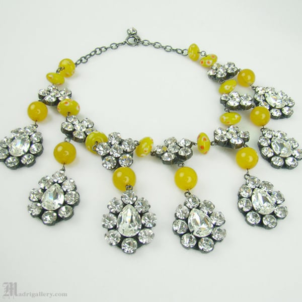 1960s crystal bib necklace, chunky yellow Millefiori glass, jewel cut prong set glass in japanned setting, big huge dramatic statement piece