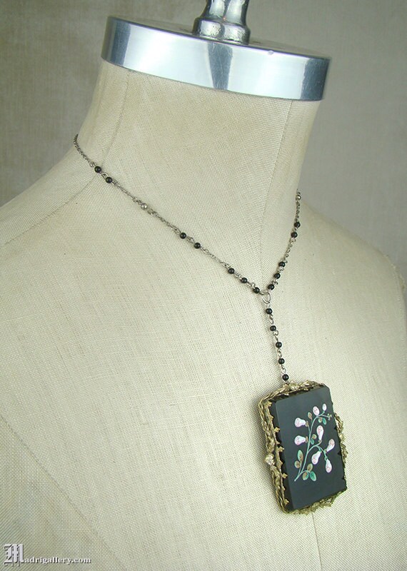 Near antique hand-painted black glass necklace, f… - image 3