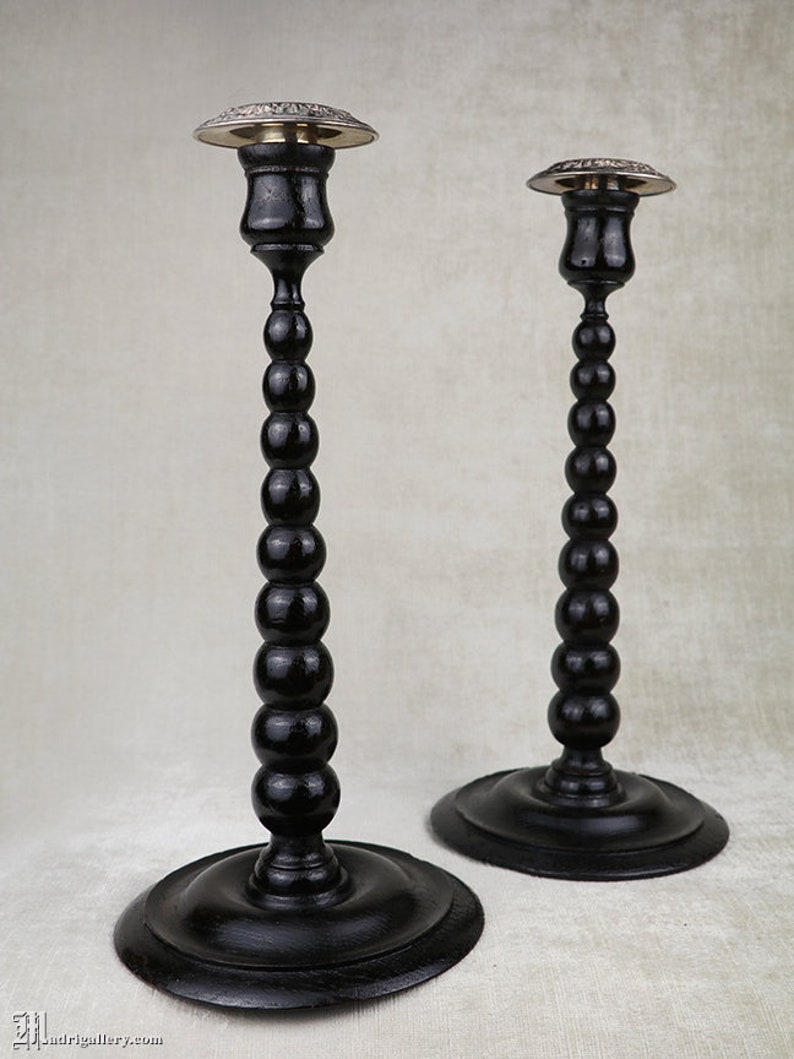 Antique Turned Wood Candlestick Pair, Two Tall Oak Candle Holders