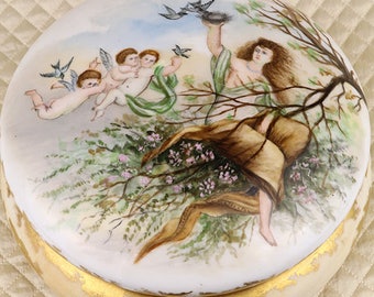 Huge antique jewelry box, hand painted French porcelain dresser trinket casket, Art Nouveau, gold, gilt, woman landscape cherub putto putti