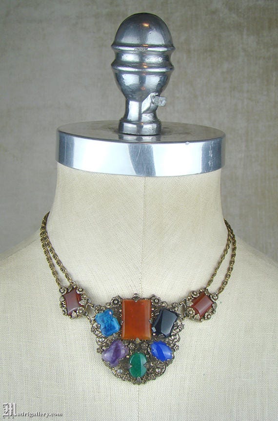 Art Deco gemstone necklace, Lapis, Carnelian, Onyx