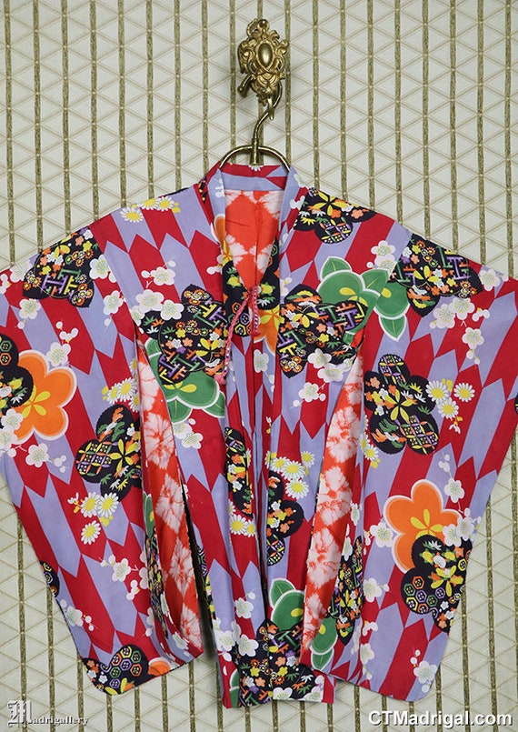 Vibrant old silk haori kimono jacket robe coat, geome… Gem
