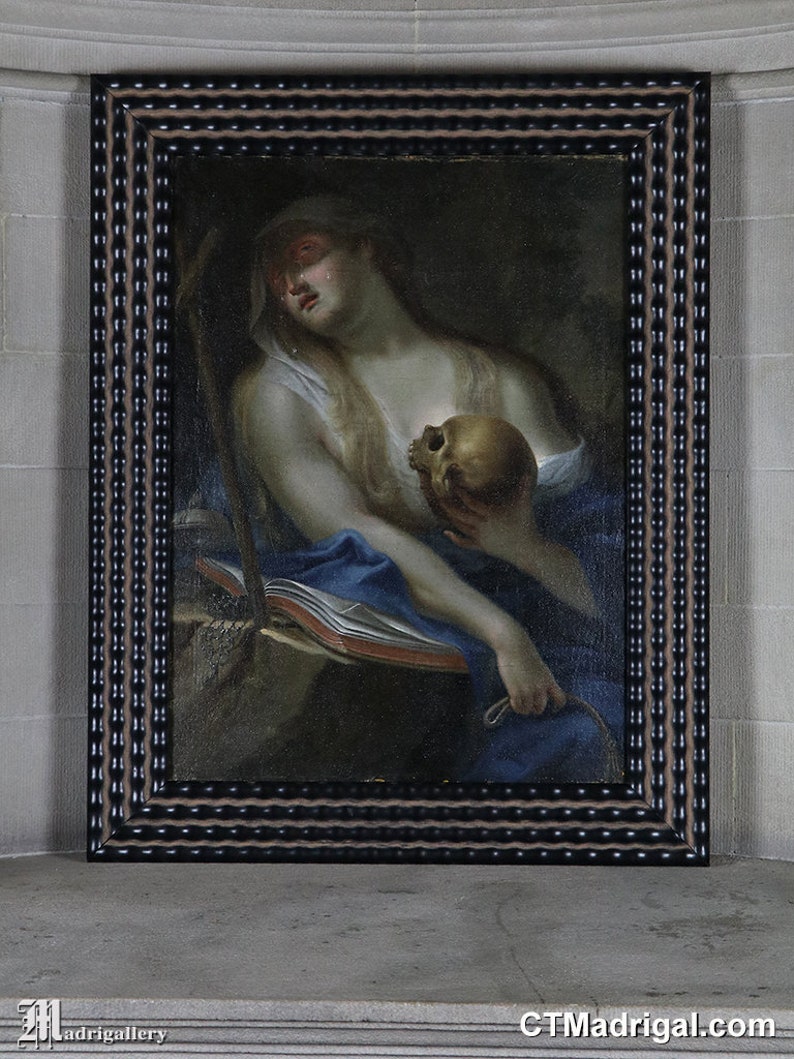 Antique oil painting Repentant Mary Magdalene vanitas skull 18th century religious Christian Iconography Jesus Christ canvas panel frame image 1