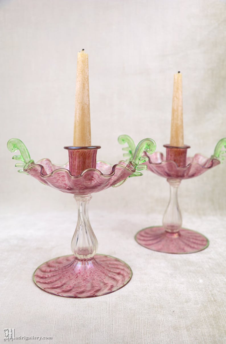Glass Candlestick Pair, 2 Murano Candle Holders, Two Art Deco