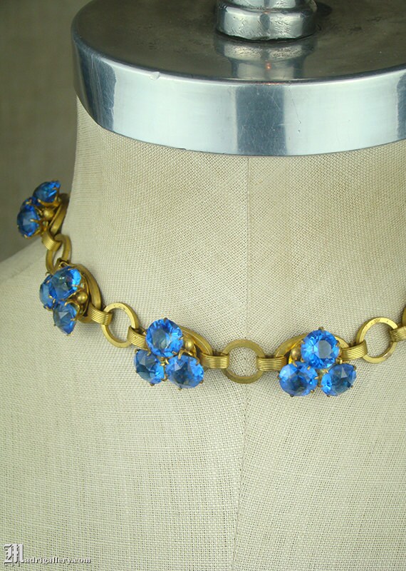 Antique necklace, Art Deco golden brass & sapphir… - image 2