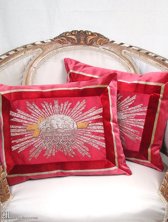 Pair of pillows w/ antique metallic embroidered ecclesiastic Jesus Christ symbols Agnus Dei & Dove on red silk, framed in striped velvet