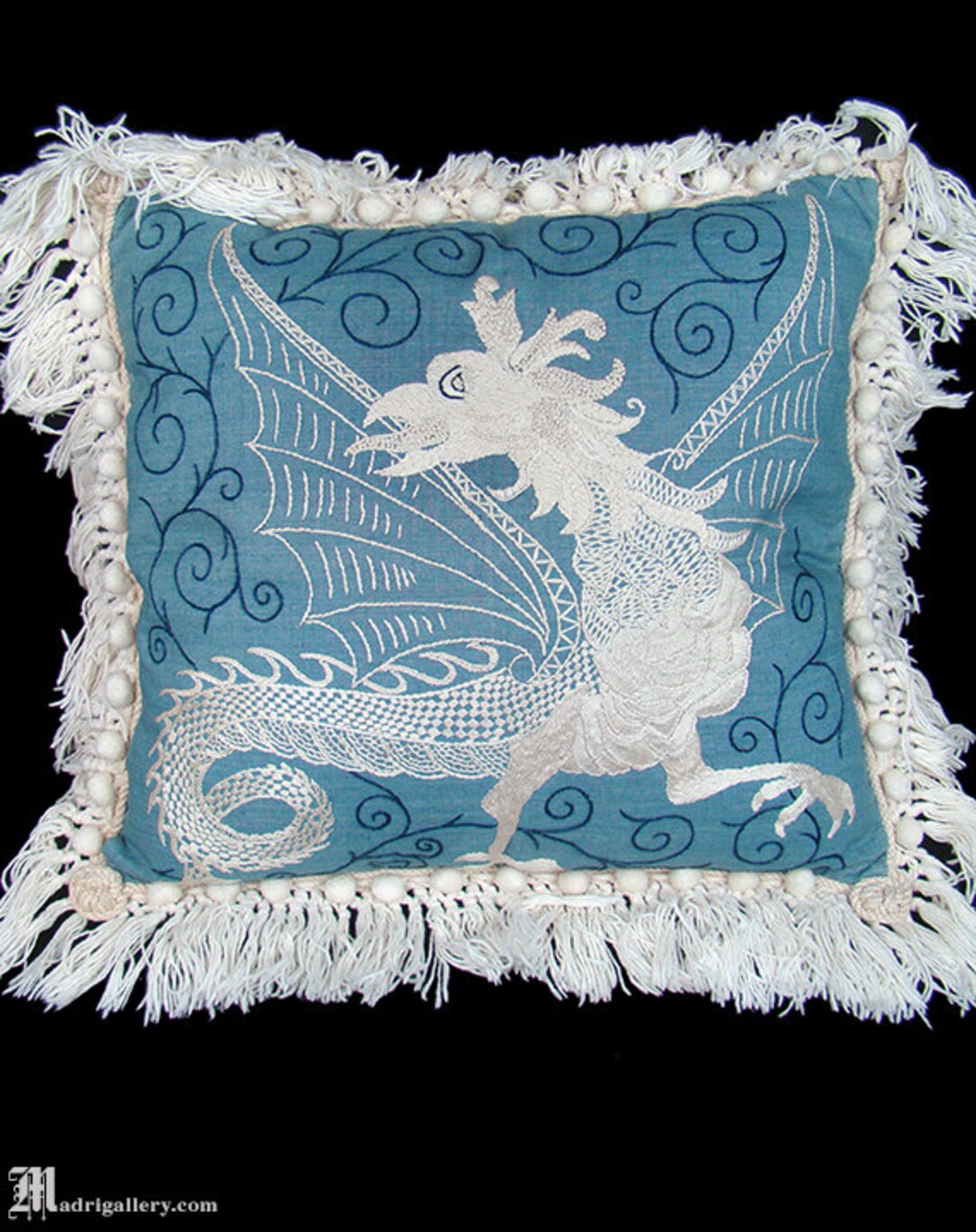 Old Embroidered Pillow Gothic Gryphon Griffin Gargoyle Dragon Chimera Fringe Tassels Blue Ivory White Asian Middle Eastern Etsy
