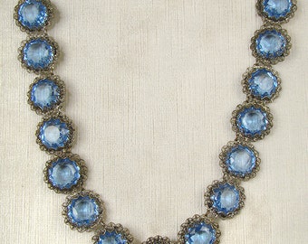 Bold old faceted blue glass jewel necklace in dark silver tone filigree metal setting, czech, crystal,