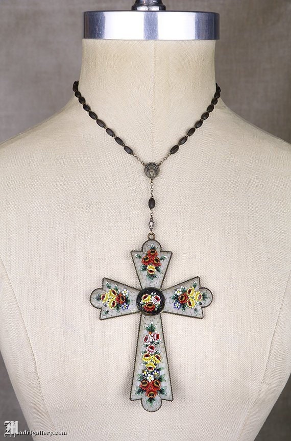 Antique micro mosaic cross necklace, big vermeil g