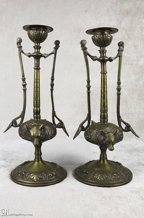 Antique Pair Candlesticks, Two Bronze Brass Candle Stick Holders, Tall  Figural Gothic, Art Nouveau Victorian Wolf Animal Head Dog -  Canada